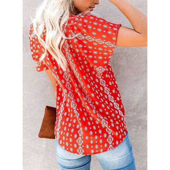 Women's Boho Floral V-Neck Short Sleeve Summer Blouse XL - Picture 3 of 6